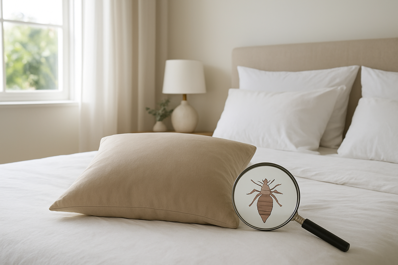 Oreiller en microfibre beige sur un lit blanc, avec une loupe posée à côté, illustrant la vérification de la durée de vie d'un pou sur un oreiller