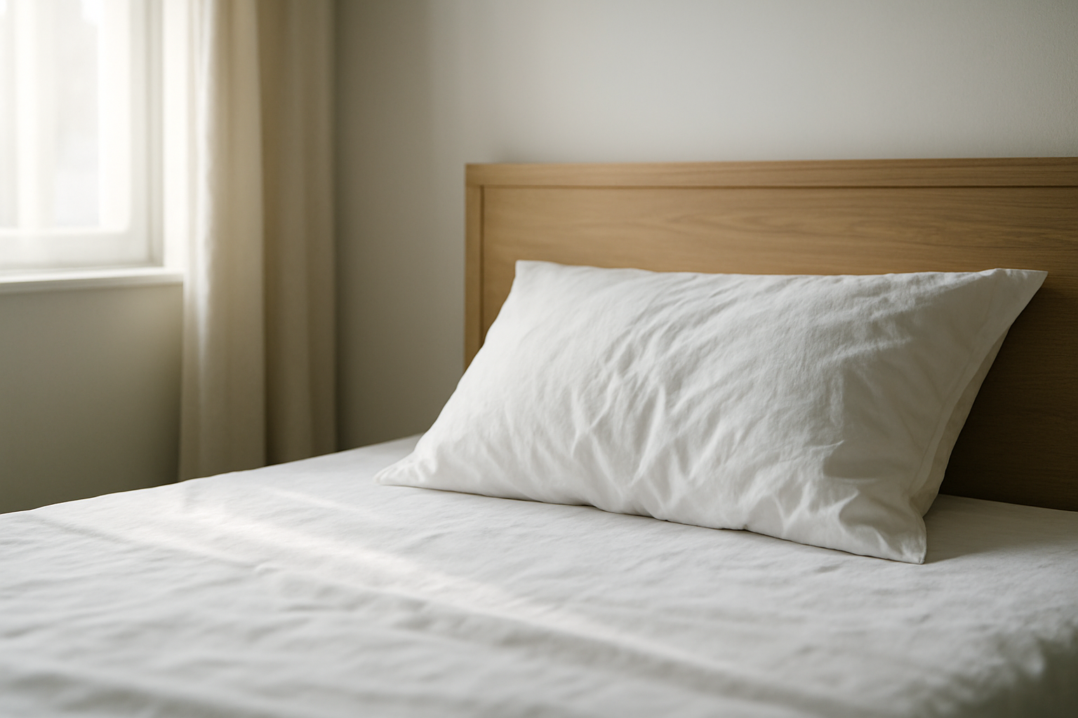 Oreiller blanc en coton sur un lit avec draps blancs, lumière naturelle, montrant une taie légèrement froissée, illustrant la durée de vie d'une lente sur un oreiller
