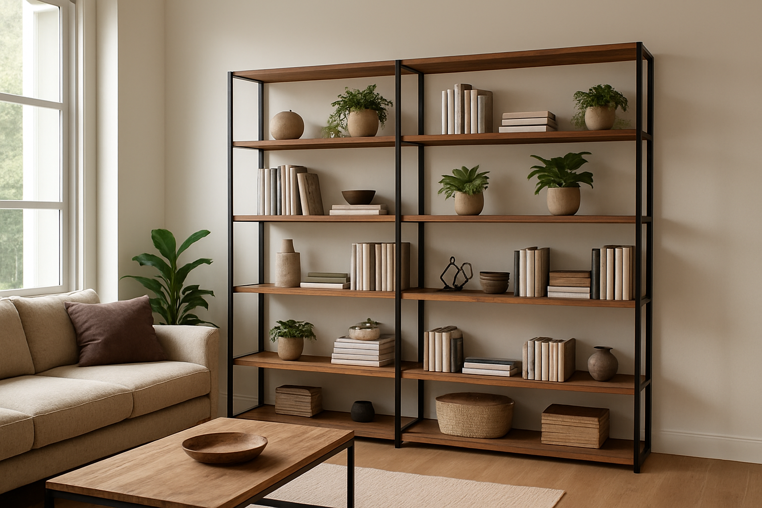 Étagère industrielle murale en bois et métal noir dans un salon lumineux, avec livres, plantes et décoration