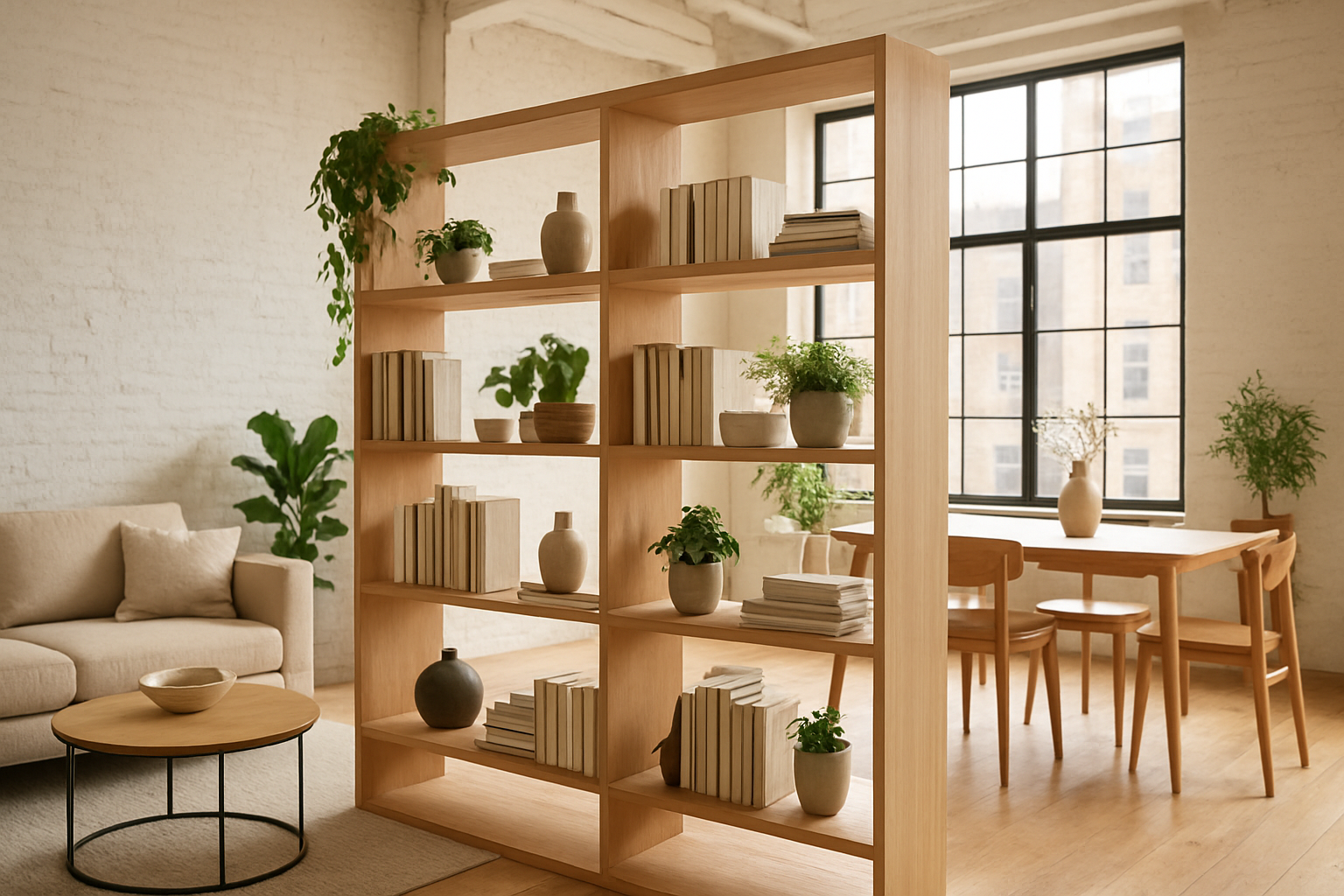 Étagère séparatrice en bois clair ajourée dans un loft lumineux, avec livres et plantes, délimitant salon et salle à manger