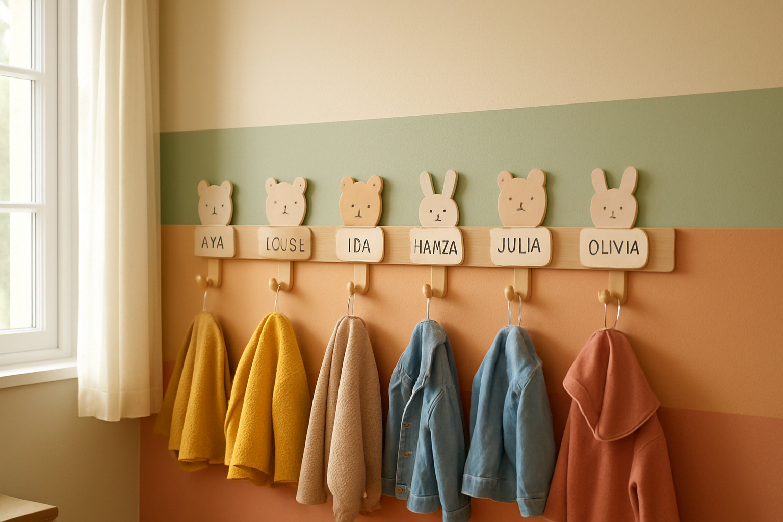 Porte-manteaux en bois avec étiquettes personnalisées en forme d'animaux portant des prénoms, dans une classe maternelle lumineuse