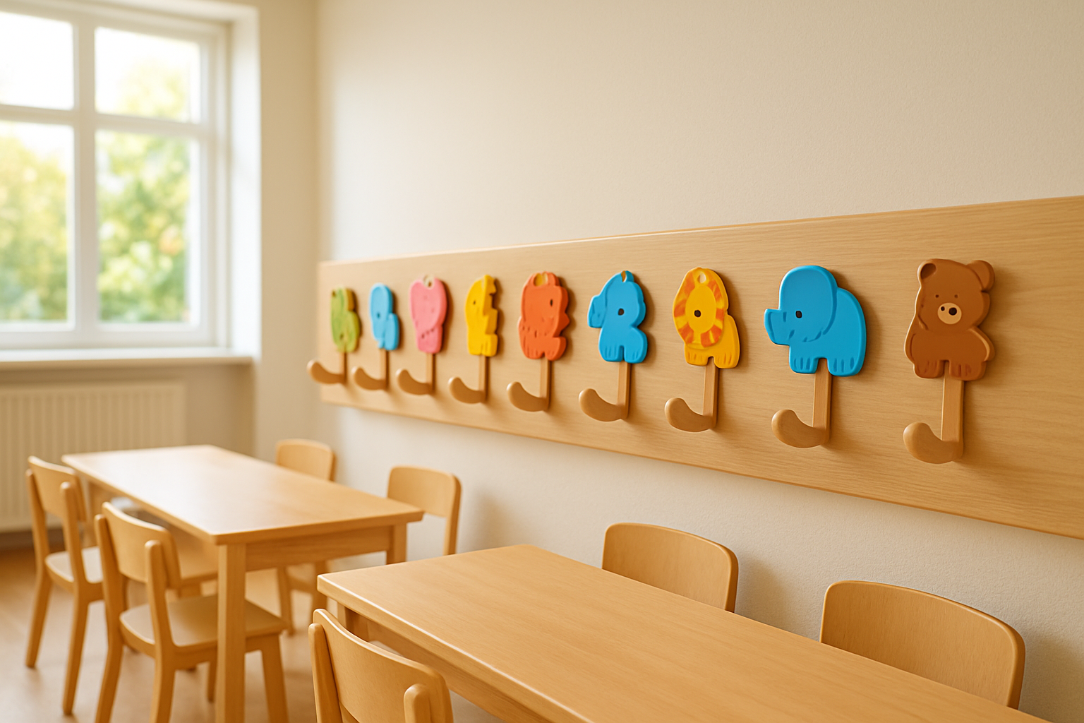 Étiquettes porte-manteau CE2 colorées en forme d'animaux sur des crochets en bois dans une classe lumineuse