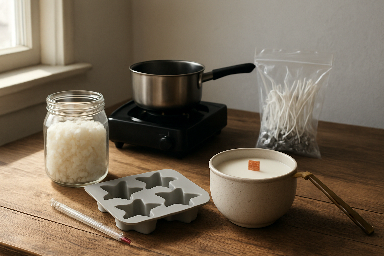 Matériel pour fabriquer des bougies disposé sur une table en bois : cire de soja, mèches, thermomètre et moule en silicone, avec une bougie artisanale finie en pot céramique.