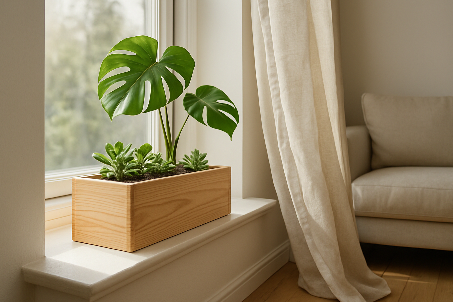 Jardinière en bois de cèdre sur un rebord de fenêtre avec un monstera, dans un salon lumineux au style scandinave, rideau en lin blanc à côté.