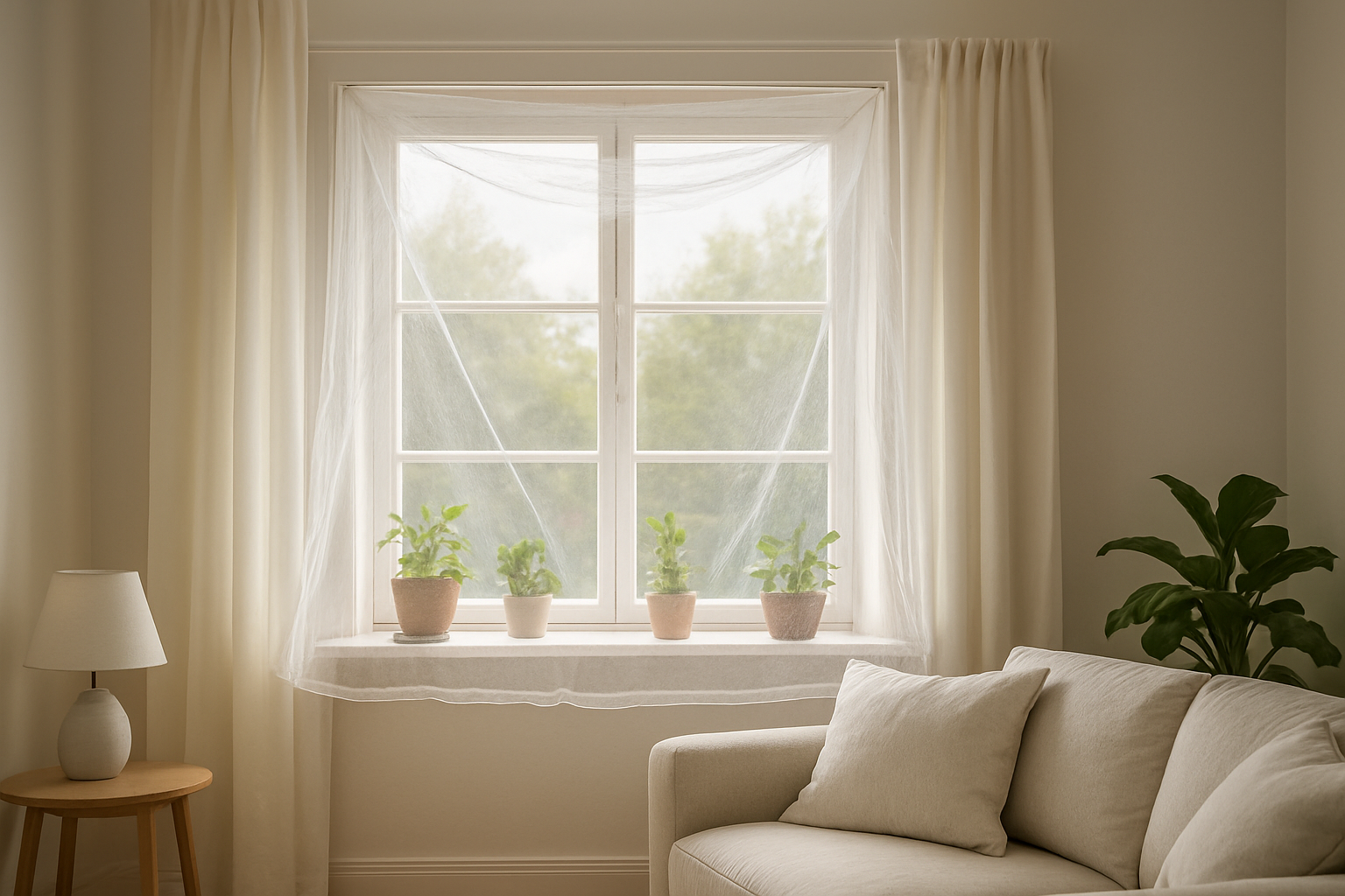 Moustiquaire faite maison fixée sur une fenêtre blanche dans un salon lumineux, avec des plantes vertes et des rideaux blancs