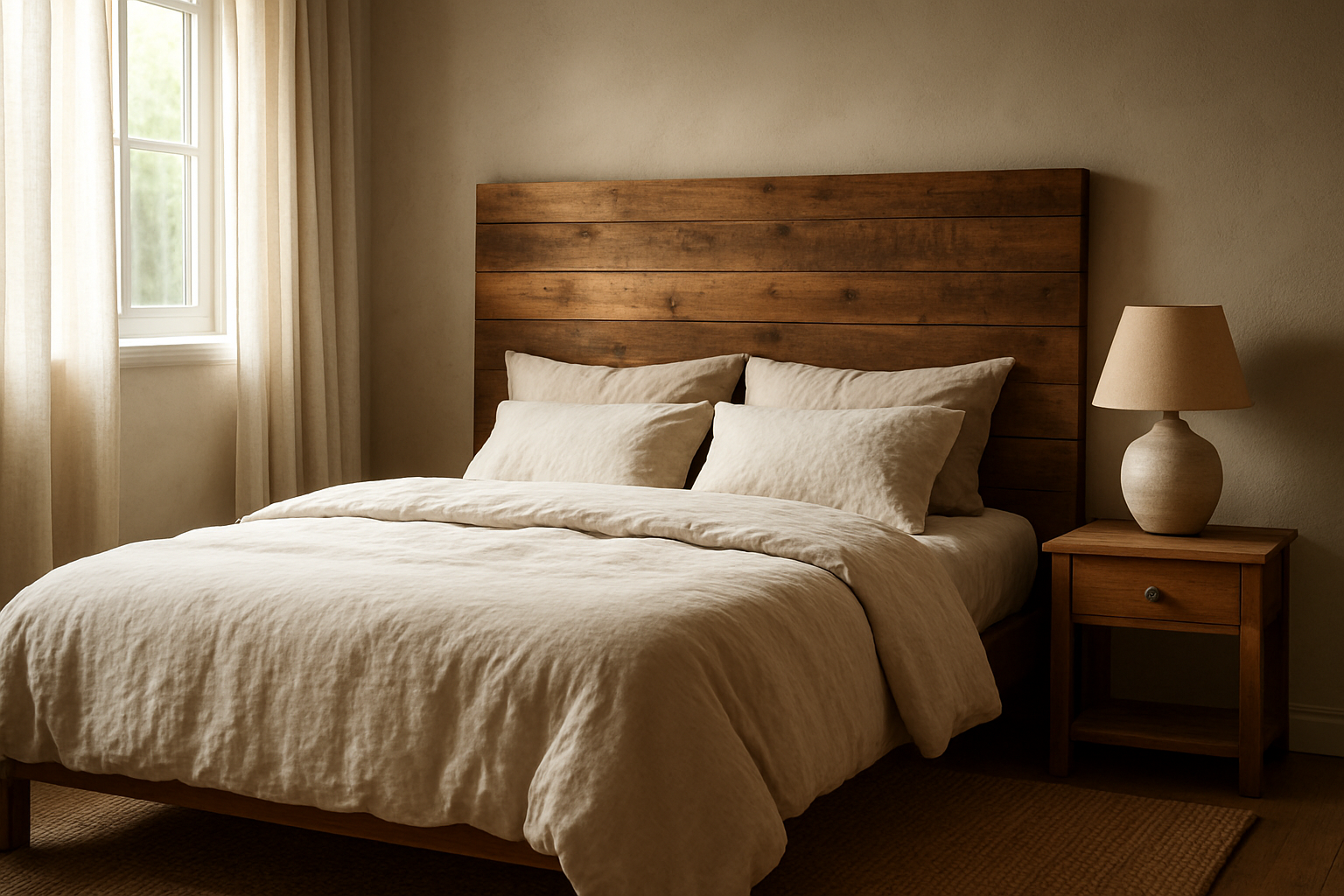 Chambre cosy avec une tête de lit fait maison en bois clair, lit en lin blanc, tapis en jute et lampe en céramique, lumière naturelle.