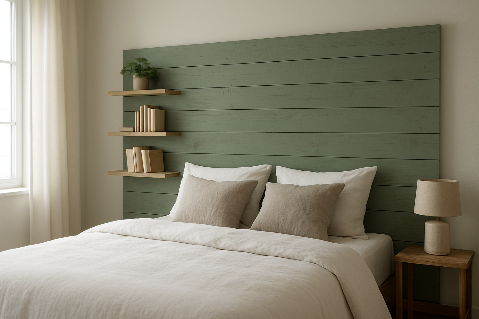 Tête de lit originale en bois recyclé peint en vert sauge, avec étagères intégrées dans une chambre lumineuse au linge de lit blanc