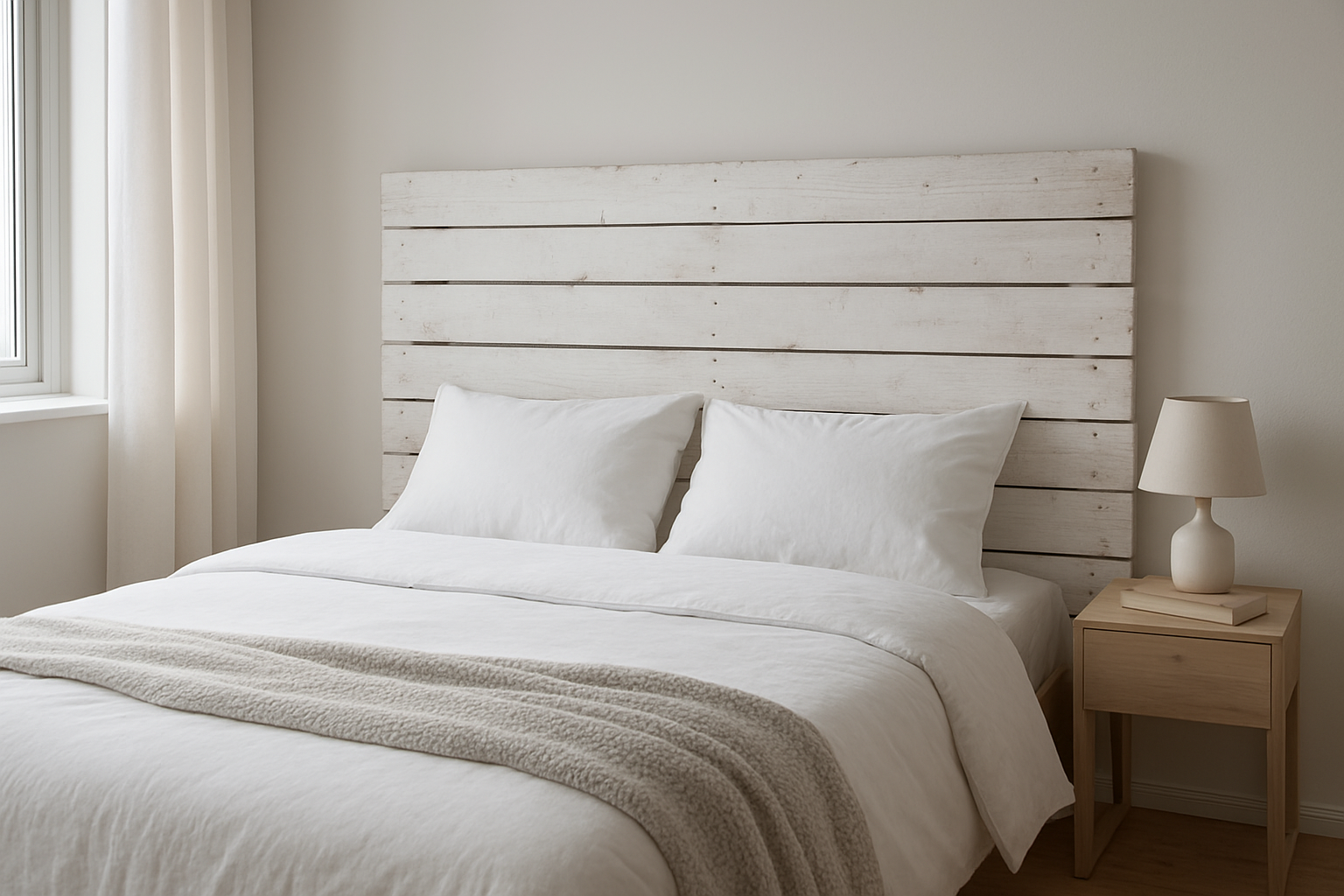 Tête de lit en palettes de bois peintes en blanc dans une chambre lumineuse au style scandinave, avec linge de lit blanc et lampe de chevet
