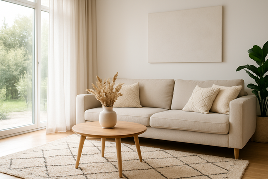 Salon moderne avec rideaux blancs, canapé beige, table basse en bois et tapis berbère, baigné de lumière naturelle, illustrant une décoration intérieure soignée.