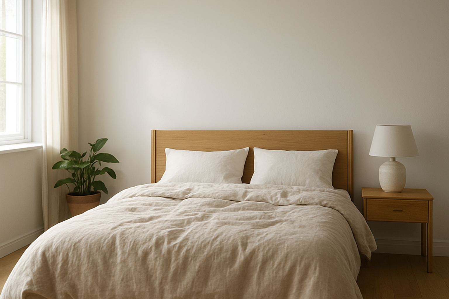 Parure de lit Françoise Saget en lin lavé sur un lit double dans une chambre scandinave lumineuse, avec oreillers blancs et tête de lit en bois clair.
