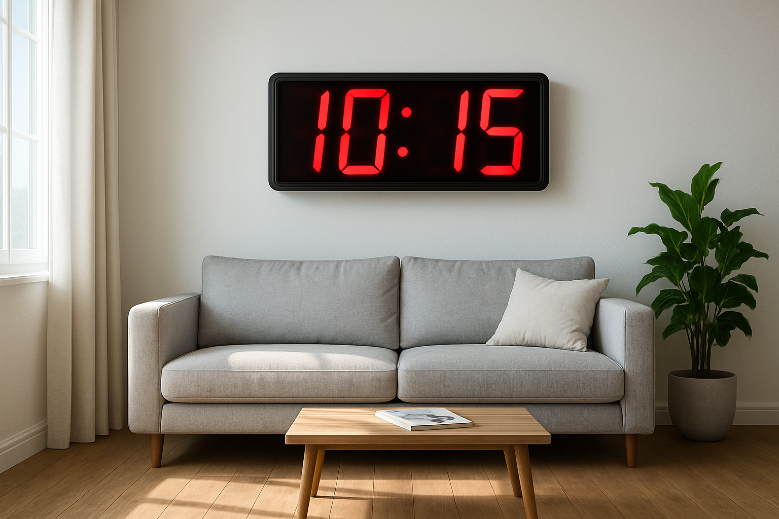 Horloge digitale murale à affichage LED rouge dans un salon moderne avec canapé gris et lumière naturelle