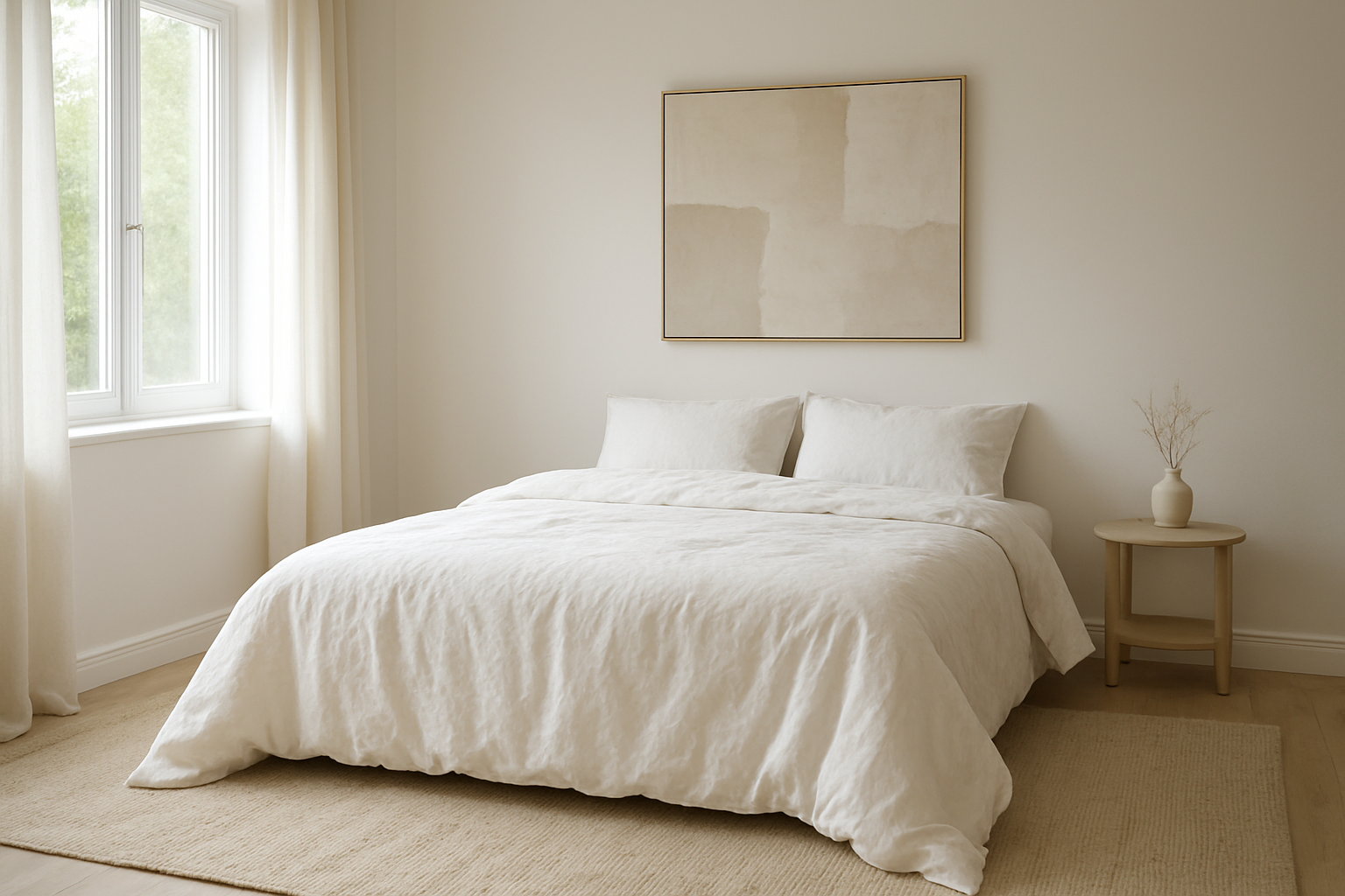 Lit deux places avec une housse de couette blanche en coton 240x260, chambre lumineuse au style minimaliste, décoration intérieure apaisante