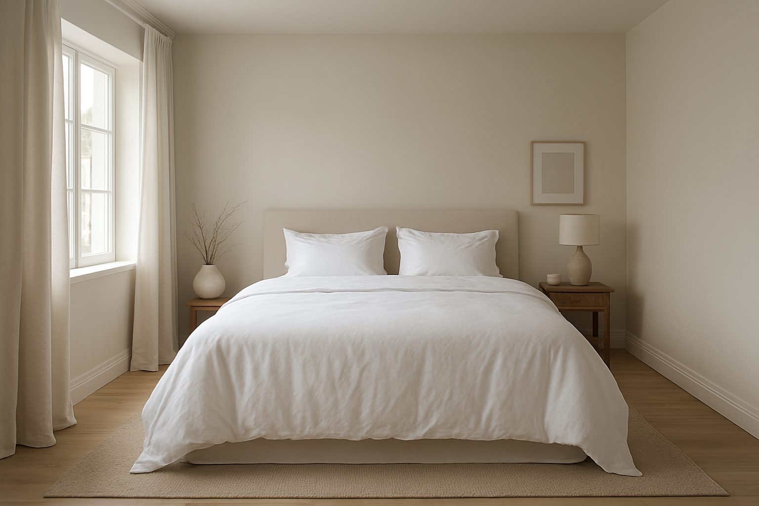 Grand lit avec housse de couette 280x240 en coton blanc, oreillers assortis, lumière naturelle dans une chambre minimaliste.