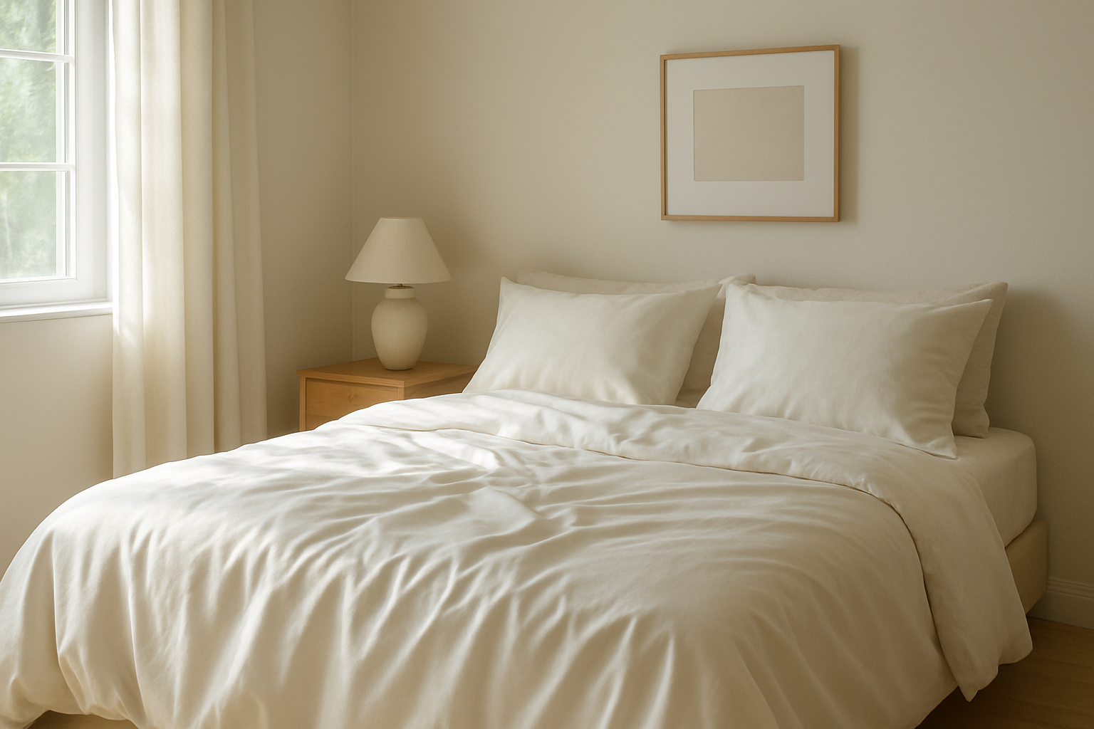 Lit double avec housse de couette en satin de coton blanc crème, lumière naturelle, décoration minimaliste, chambre apaisante.