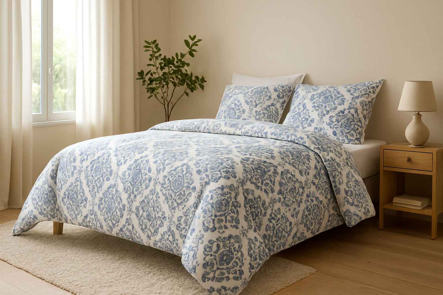 Chambre avec housse de couette Blancheporte bleue et blanche, lit double, lumière naturelle, décoration intérieure cosy