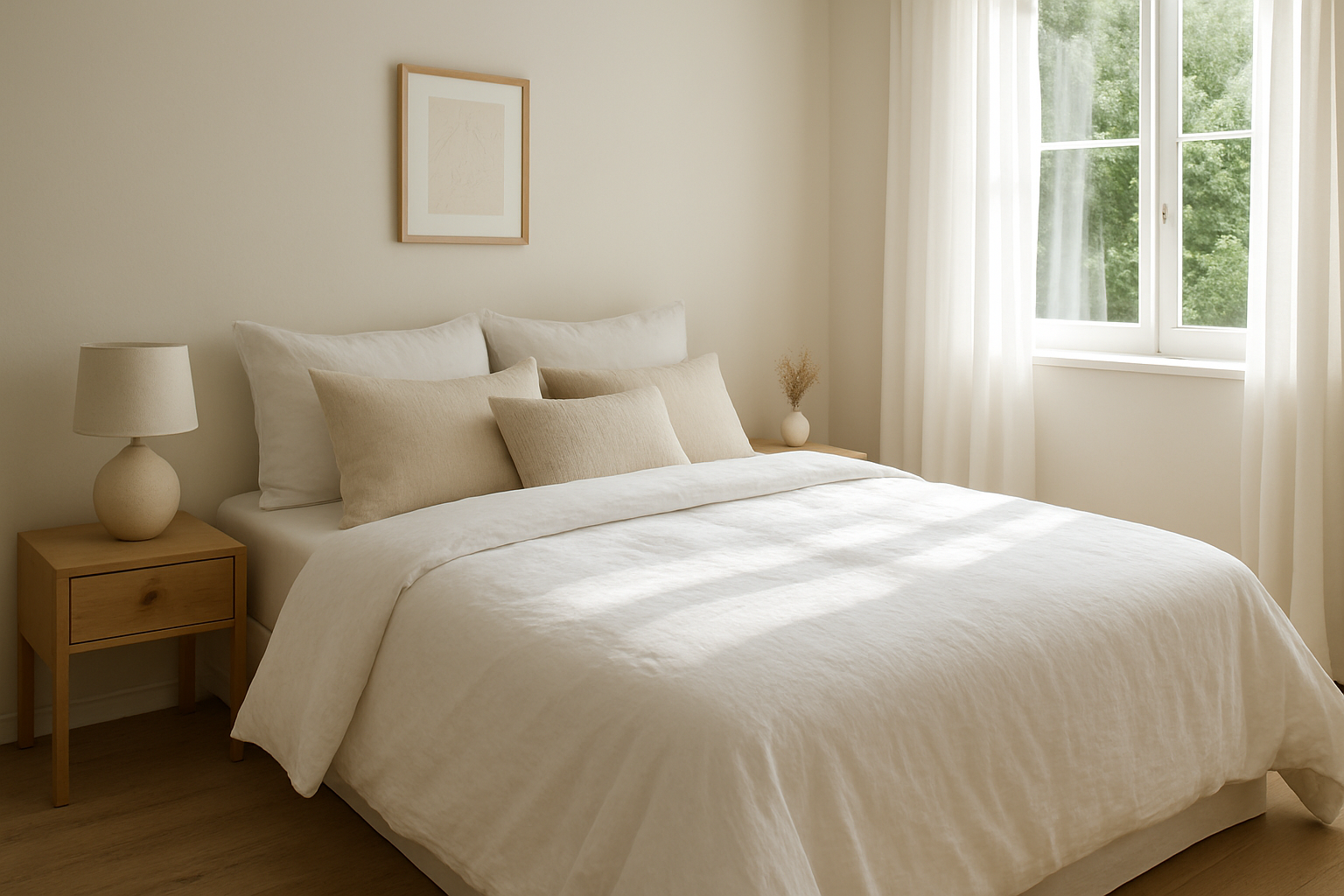 Lit double avec housse de couette blanche bien ajustée, coussins décoratifs, lumière naturelle, chambre calme et élégante.