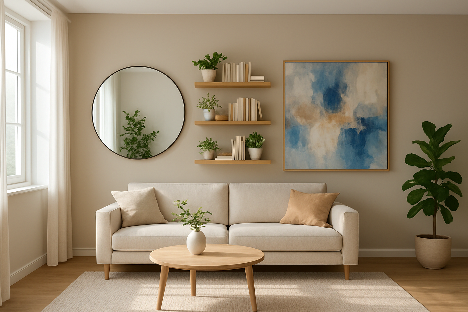 Mur d'accent dans un salon avec miroir rond, étagères murales en bois et tableau abstrait, décoration murale moderne et lumineuse.