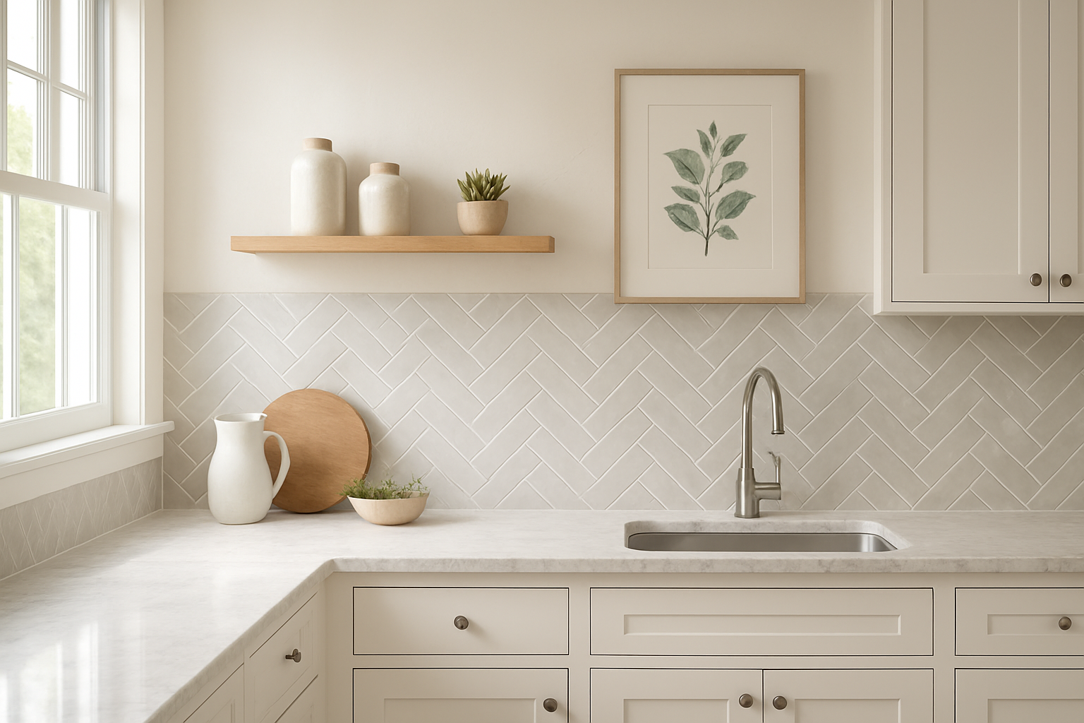 Cuisine blanche avec crédence carrelée grise, étagère murale en bois et tableau botanique, décoration murale cuisine moderne