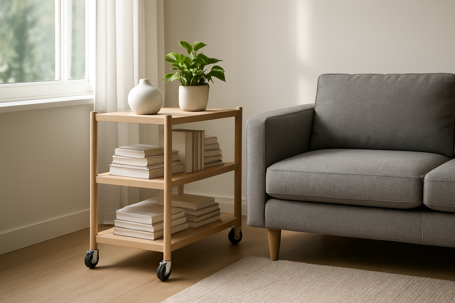 Étagère à roulette en bois clair dans un salon moderne, avec livres et plante verte, éclairée par la lumière naturelle