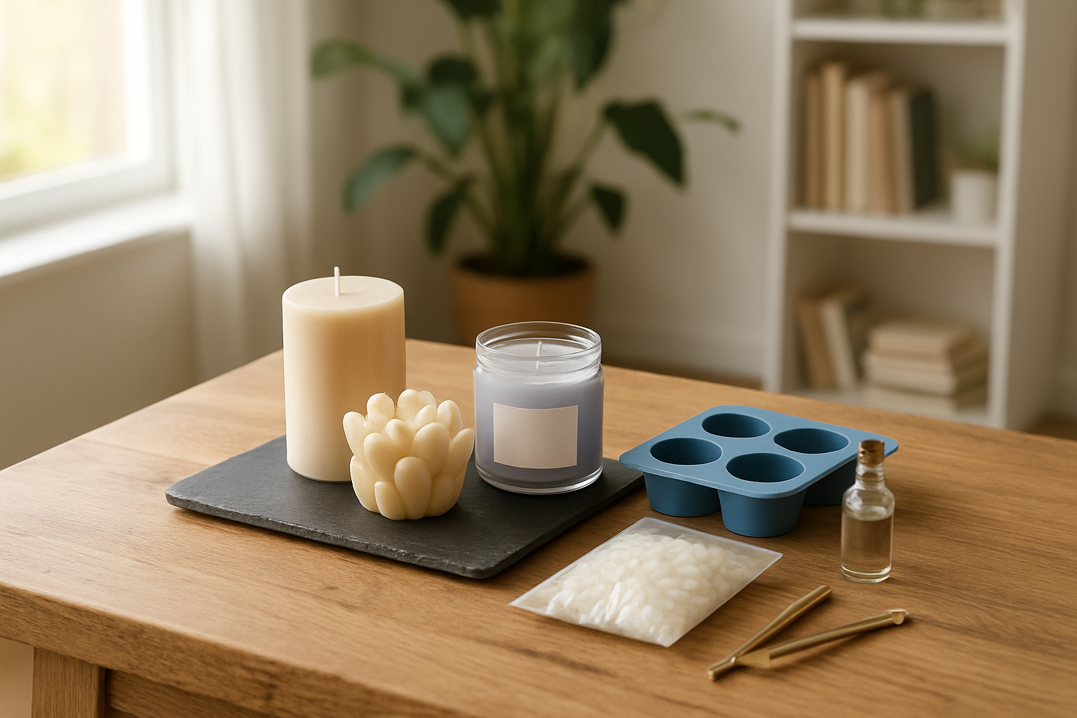 Bougies artisanales en cire de soja et terre de bougie sur un plateau en ardoise, avec moule en silicone, cire en grains et parfum, dans un intérieur scandinave lumineux – L'Instant Bougie