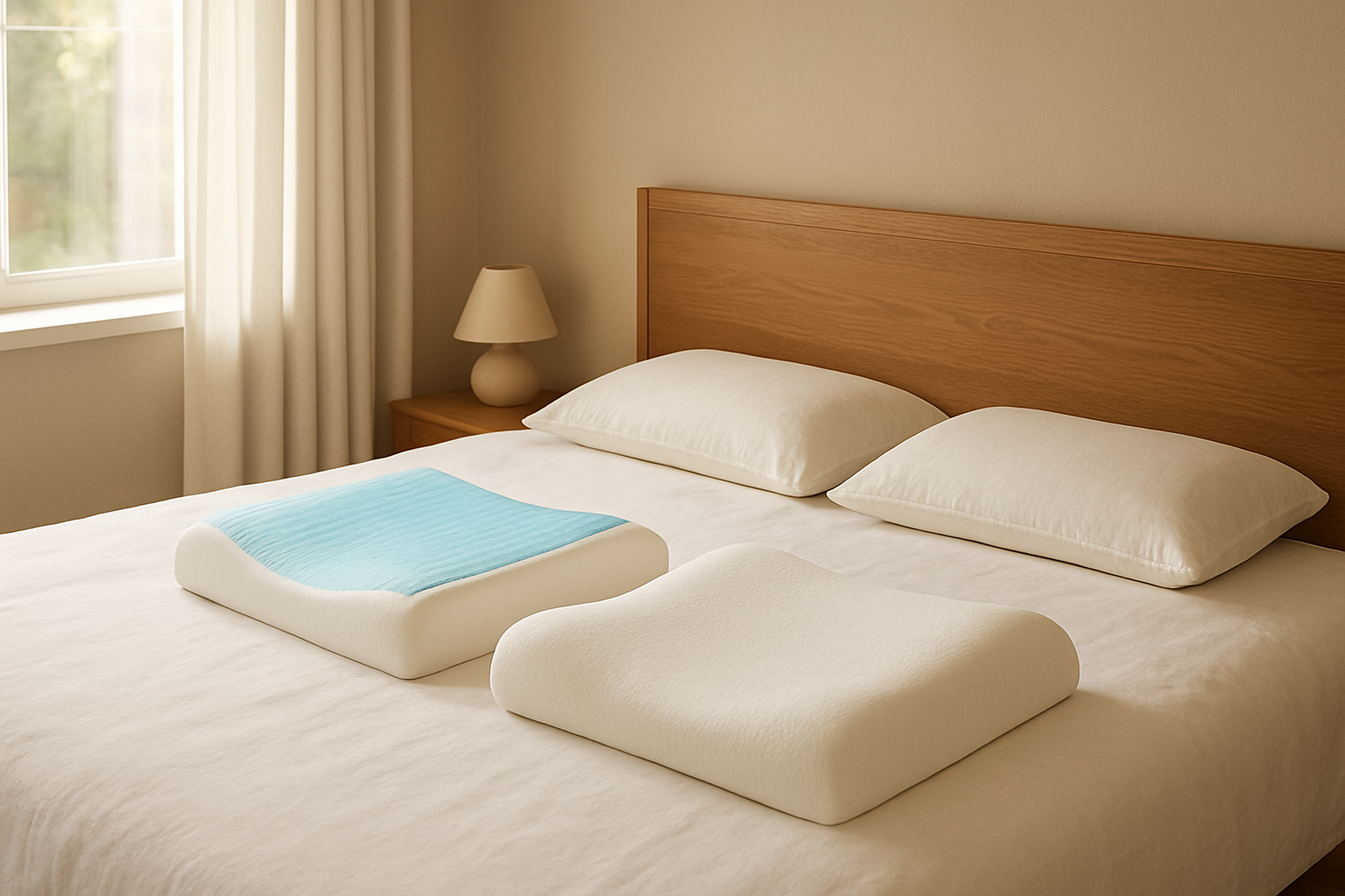 Oreiller mémoire de forme ergonomique sur un lit avec housse en coton, lumière naturelle, chambre minimaliste