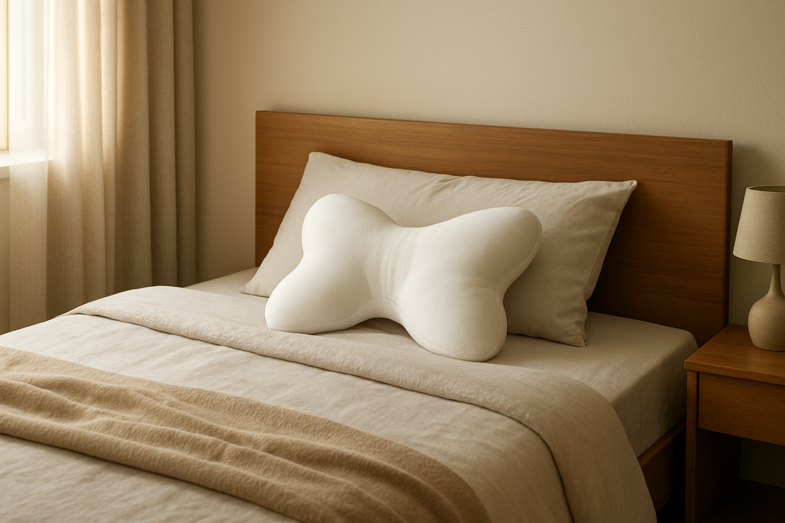Oreiller papillon anti-ronflement blanc posé sur un lit fait, dans une chambre lumineuse au style minimaliste, avec une lumière naturelle venant d'une fenêtre.