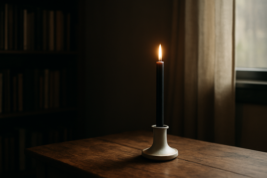 Bougie noire allumée sur une table en bois dans une pièce tamisée, ambiance calme et mystérieuse, décoration intérieure élégante