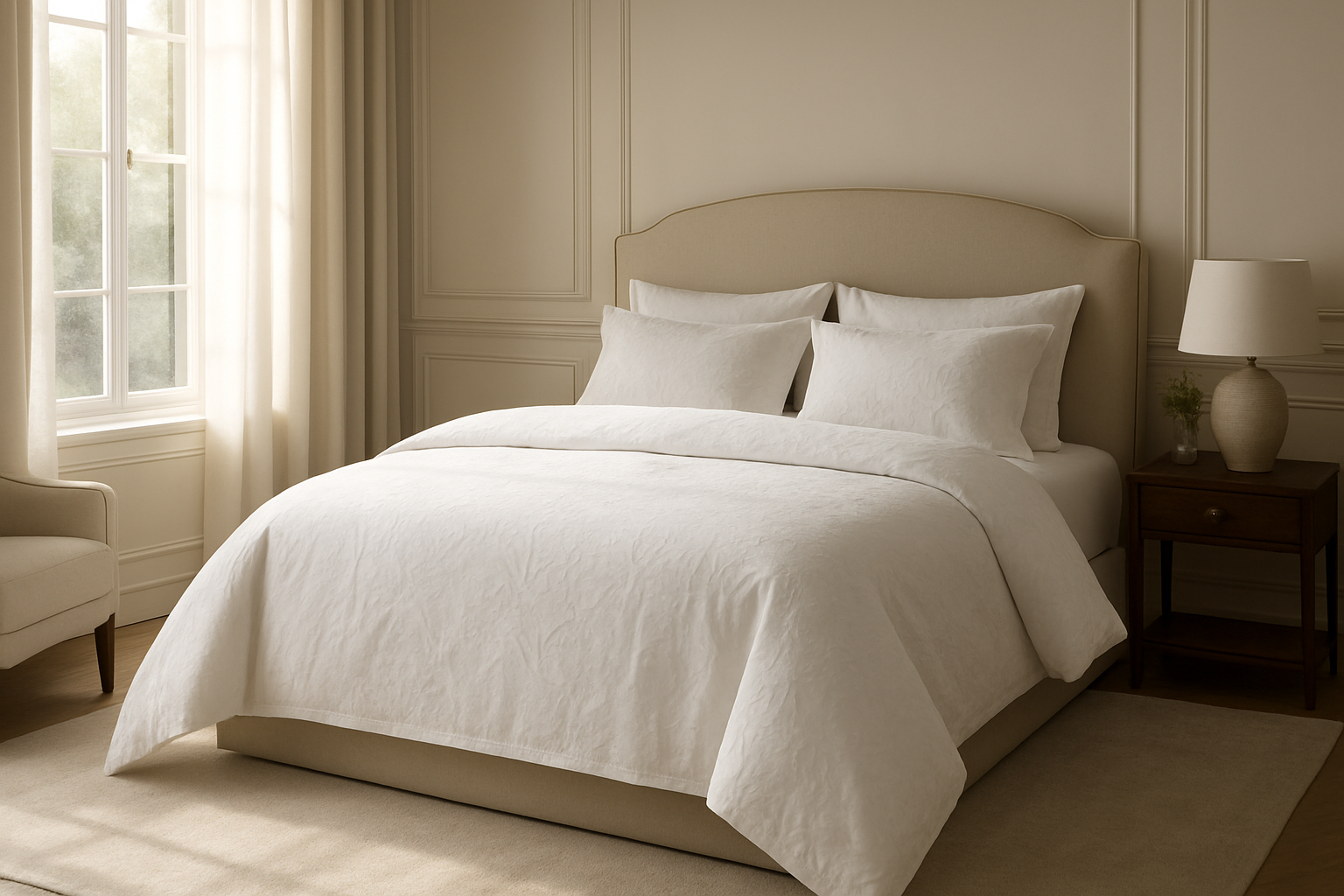 Lit blanc avec couette Françoise Saget en duvet d'oie, chambre lumineuse au style épuré, lumière naturelle traversant une fenêtre