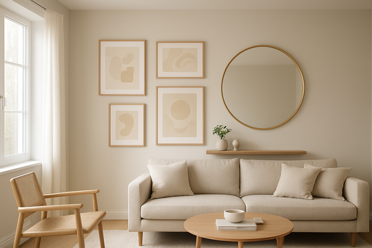 Mur de salon décoré d'une composition design avec tableaux abstraits, miroir rond doré et étagère en bois avec plante, lumière naturelle, style scandinave.