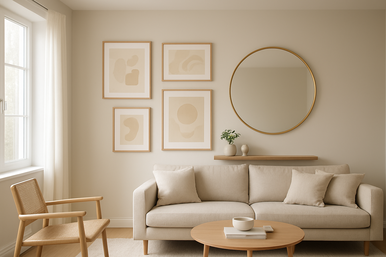 Mur de salon décoré d'une composition design avec tableaux abstraits, miroir rond doré et étagère en bois avec plante, lumière naturelle, style scandinave.