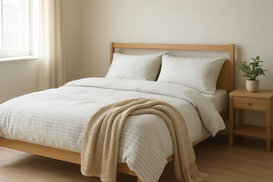 Lit en style scandinave avec une housse de couette saget blanche à fines rayures grises, taies assorties, plaid beige et plante verte sur table de chevet, dans une chambre lumineuse