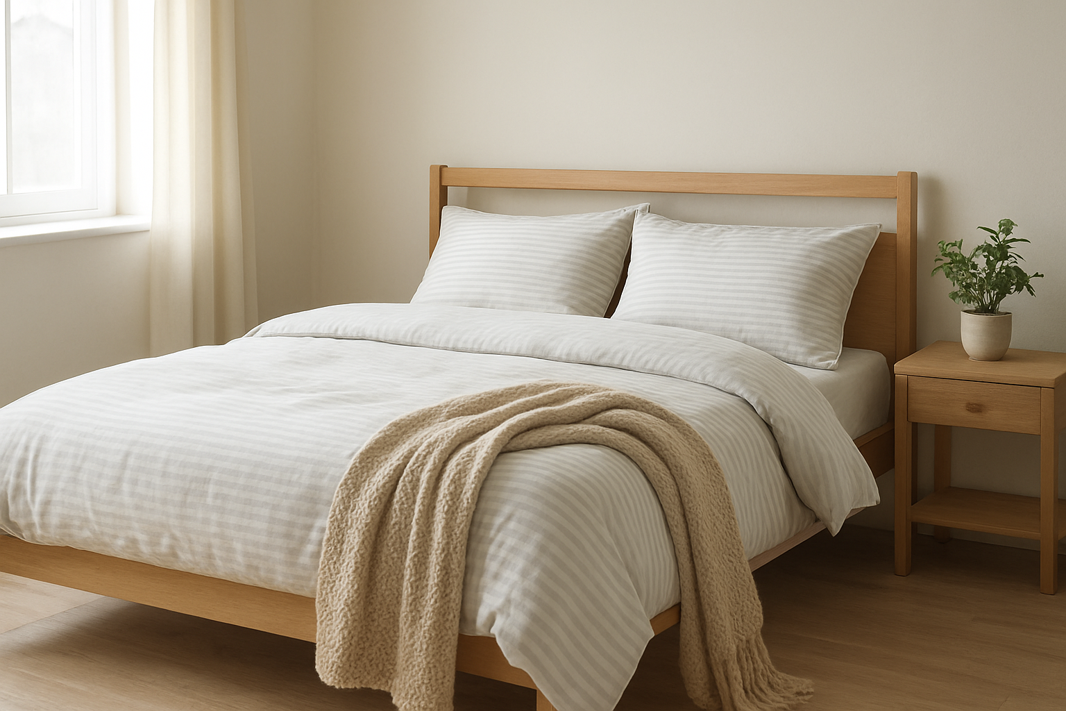 Lit en style scandinave avec une housse de couette saget blanche à fines rayures grises, taies assorties, plaid beige et plante verte sur table de chevet, dans une chambre lumineuse
