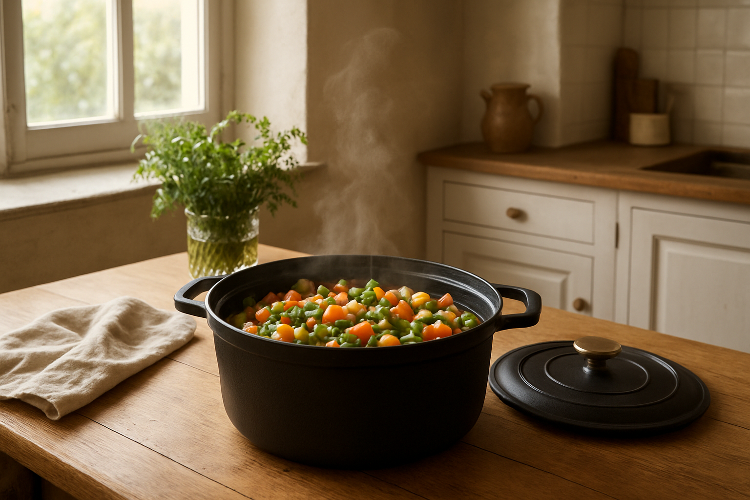 Cocotte en fonte sur une table en bois, remplie d'une jardinière de légumes colorée avec carottes, haricots verts et petits pois, dans une cuisine lumineuse au style rustique.
