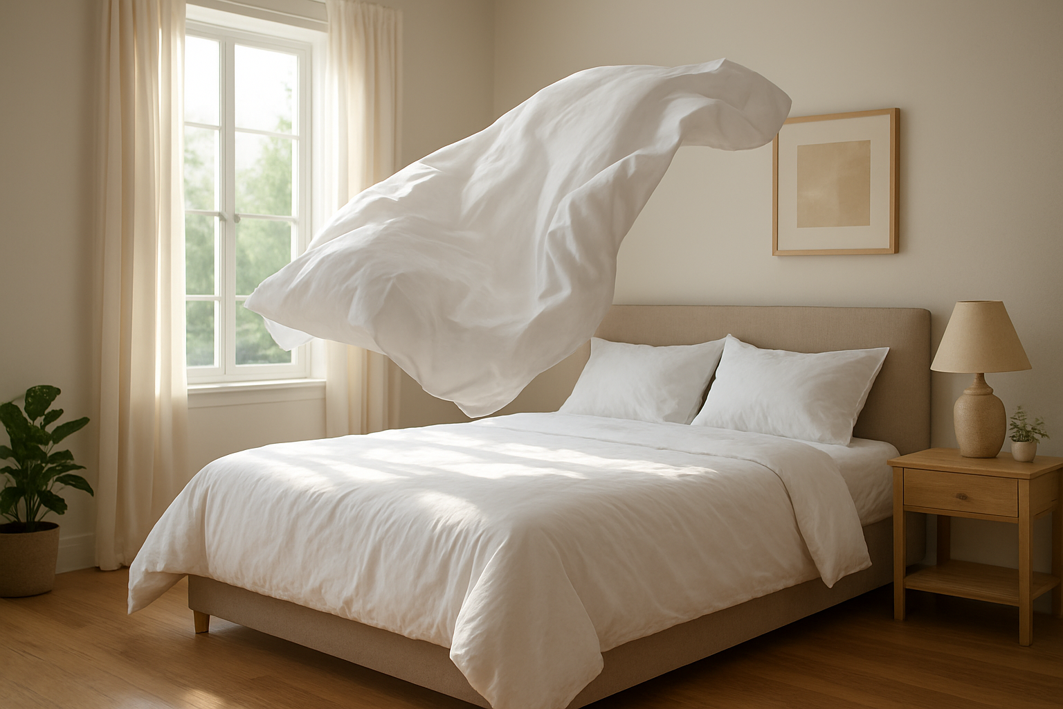 Housse de couette blanche en coton flottant au-dessus d'un lit bien fait, lumière naturelle traversant une fenêtre, chambre cosy et rangée.
