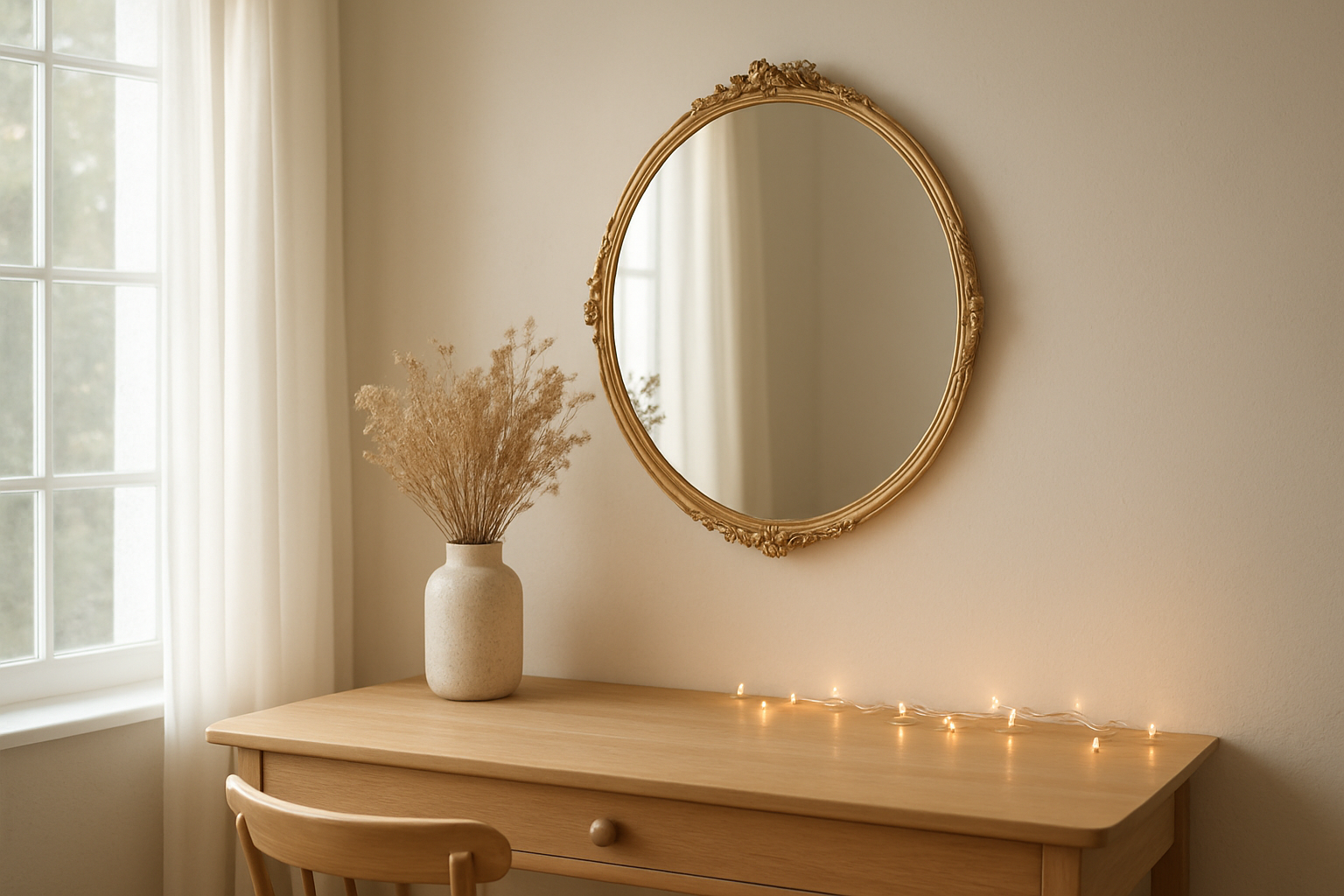 Miroir aux fées rond au cadre doré orné de fleurs, accroché au-dessus d'une coiffeuse en bois clair dans une chambre lumineuse avec des fleurs séchées et une guirlande lumineuse