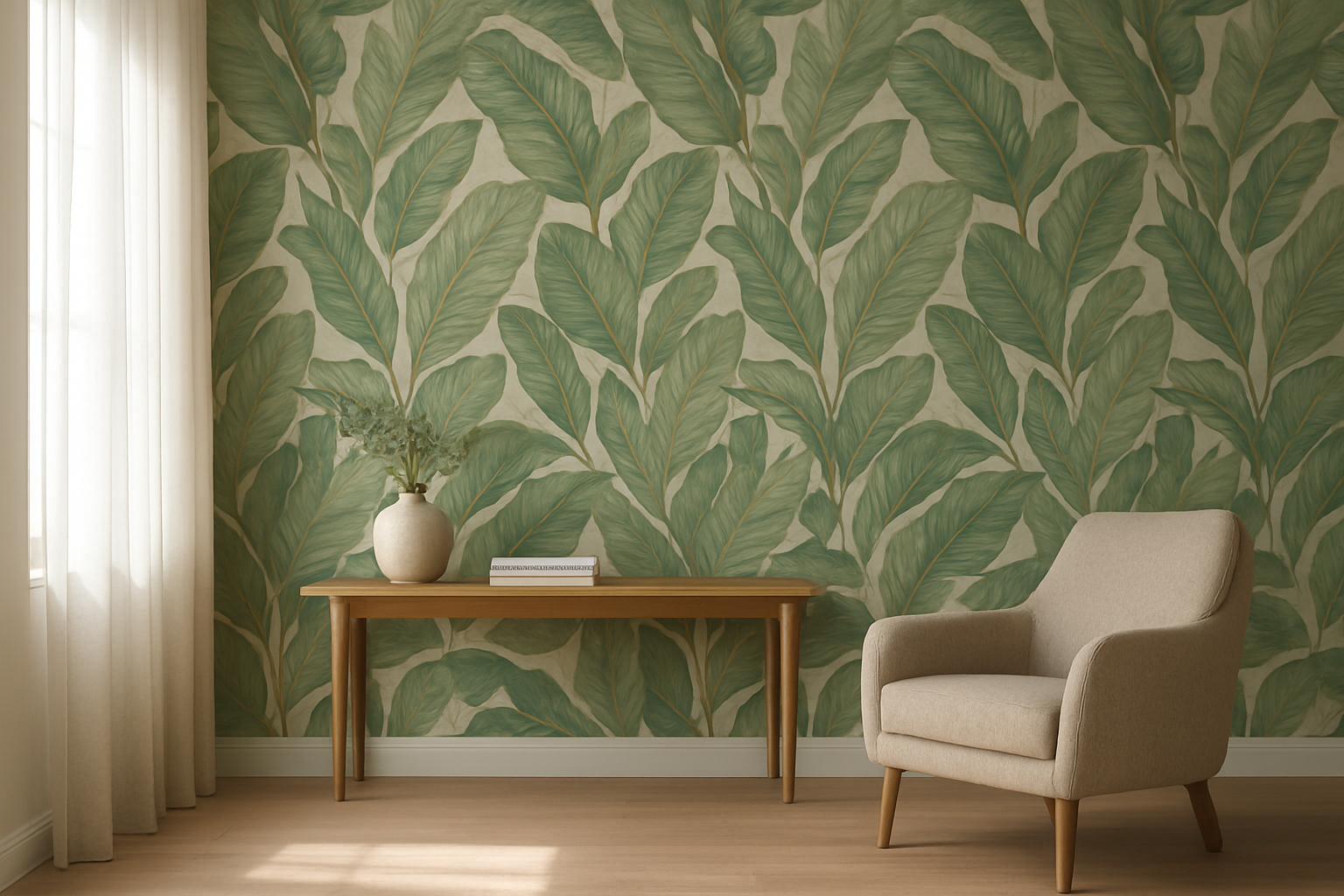 Mur d'accent avec papier peint botanique vert et or dans un salon lumineux, meuble console en bois et fauteuil beige