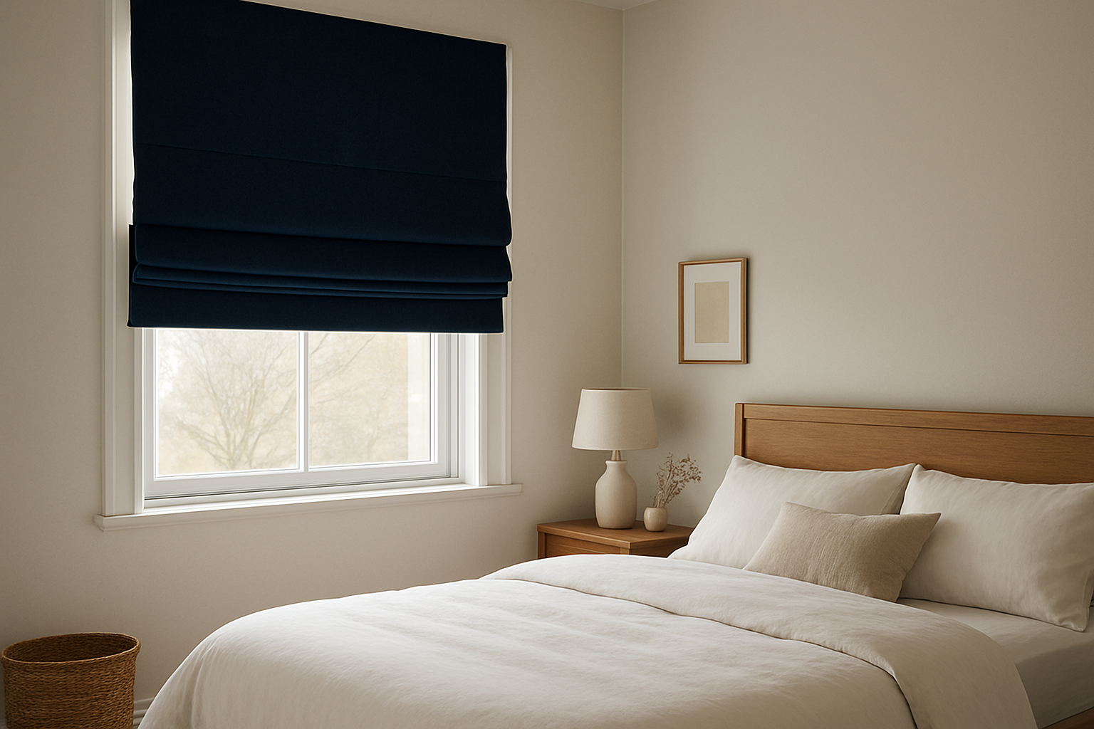 Store bateau occultant bleu marine dans une chambre cosy, partiellement baissé, avec lumière naturelle tamisée et literie blanche