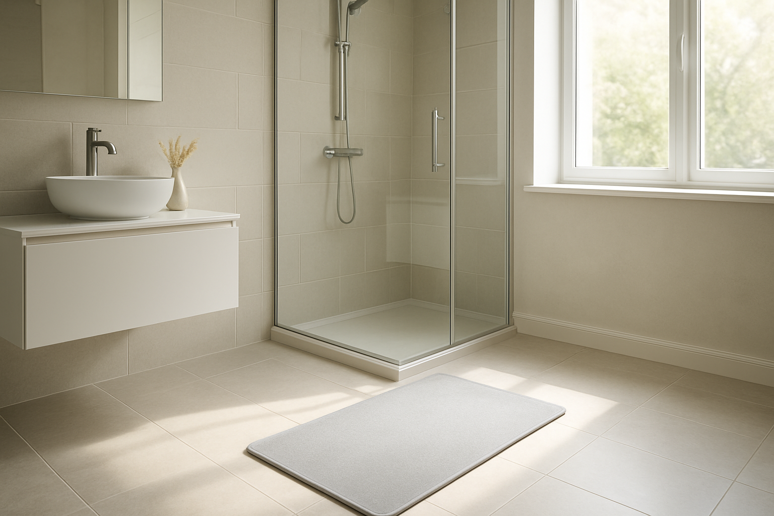 Tapis diatomite gris clair posé au sol dans une salle de bain lumineuse, devant une douche vitrée, avec lumière naturelle et ambiance apaisante.