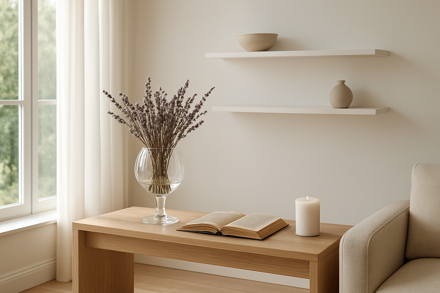 Vase sacré en verre transparent en forme de calice sur une console en bois, avec branches de lavande et bougie, dans un salon lumineux et épuré.