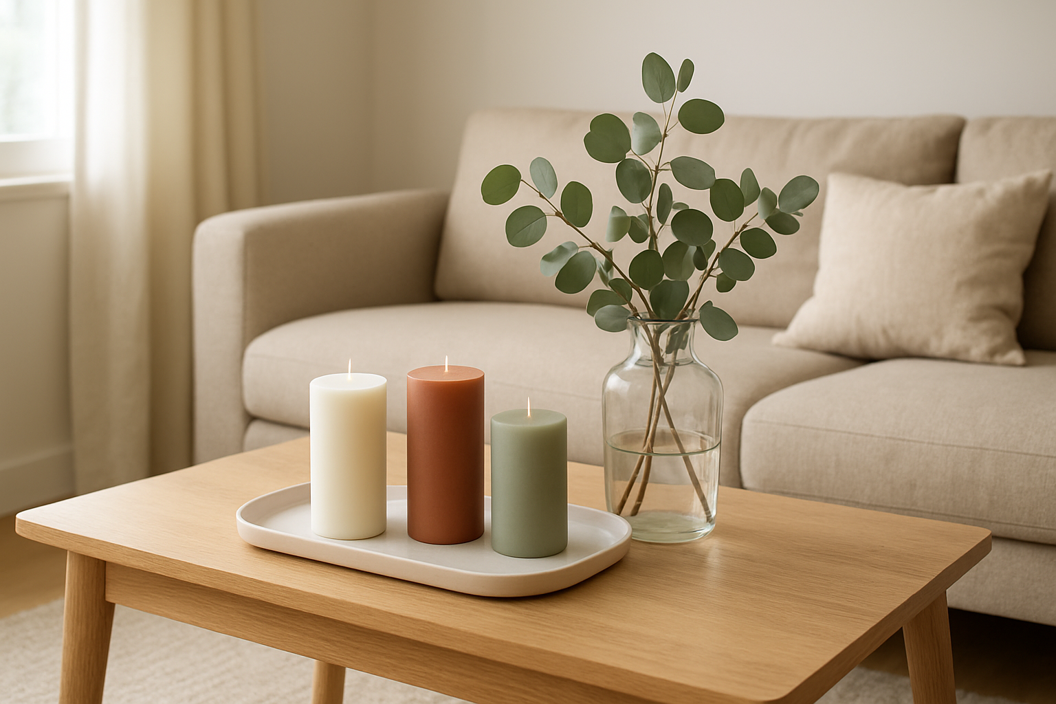 Trois bougies piliers blanches, terracotta et vert sauge sur une table en bois avec un vase d'eucalyptus, lumière naturelle tamisée.