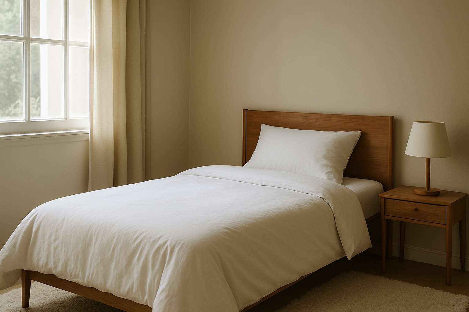 Lit simple avec housse de couette blanche bien ajustée, dans une chambre lumineuse au style scandinave, montrant les dimensions housse de couette 1 personne parfaitement adaptées.