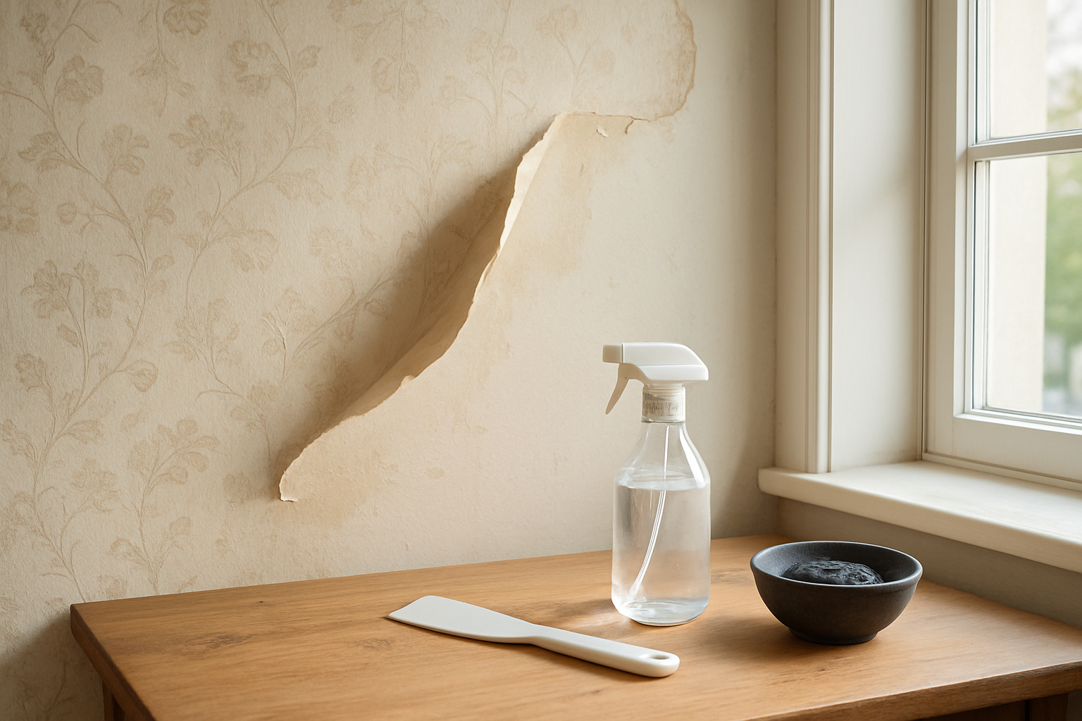 Mur avec papier peint à moitié décollé, pulvérisateur de vinaigre blanc et spatule sur table en bois, astuce de grand-mère pour décoller papier peint