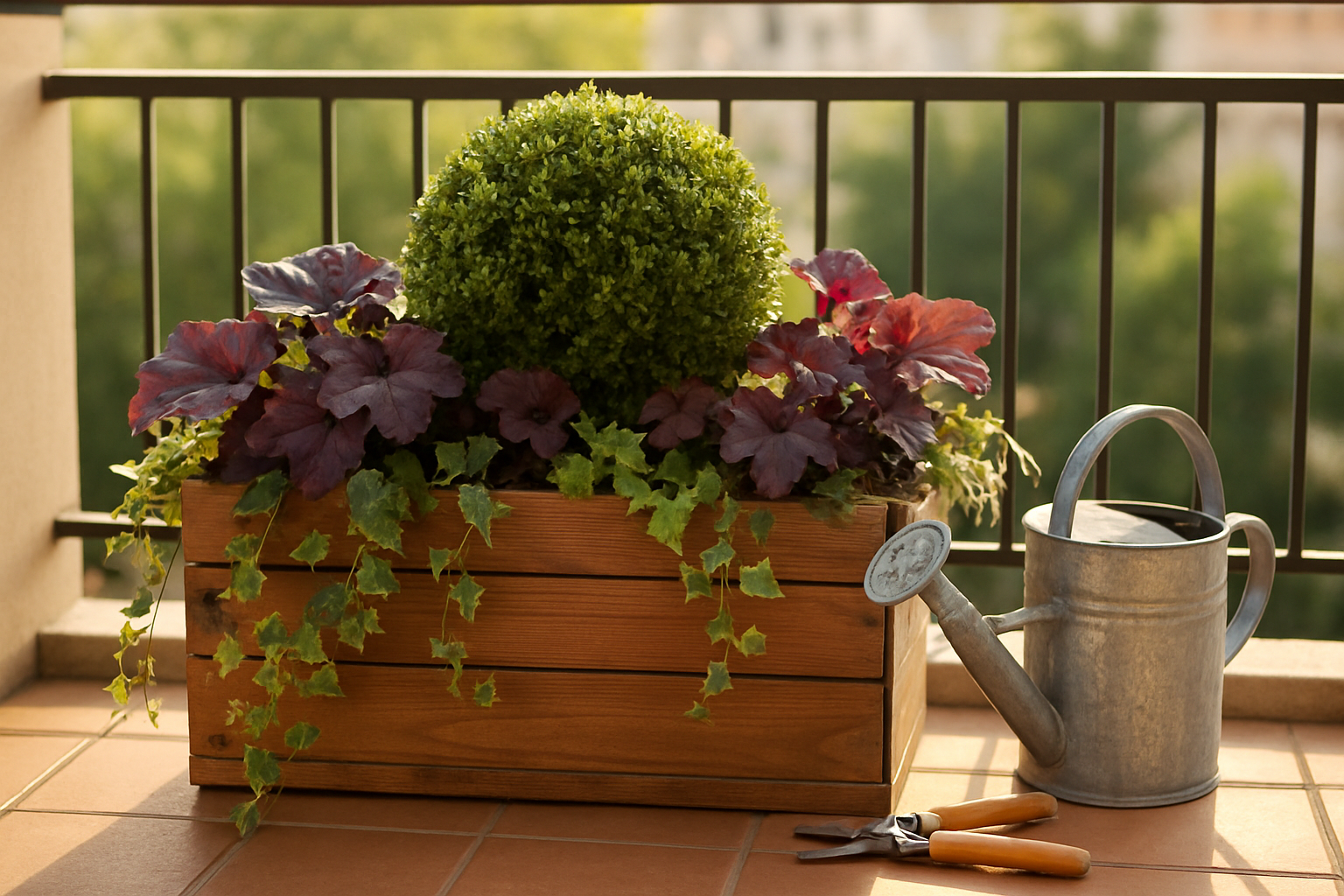 Jardinière extérieur toute l'année avec buis, heuchères pourpres et lierre retombant sur un balcon en bois éclairé par le soleil.