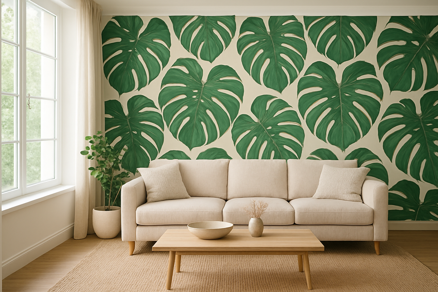 Mur d'accent avec papier peint botanique géant vert émeraude dans un salon lumineux, canapé beige et décoration naturelle, tendance 2026.