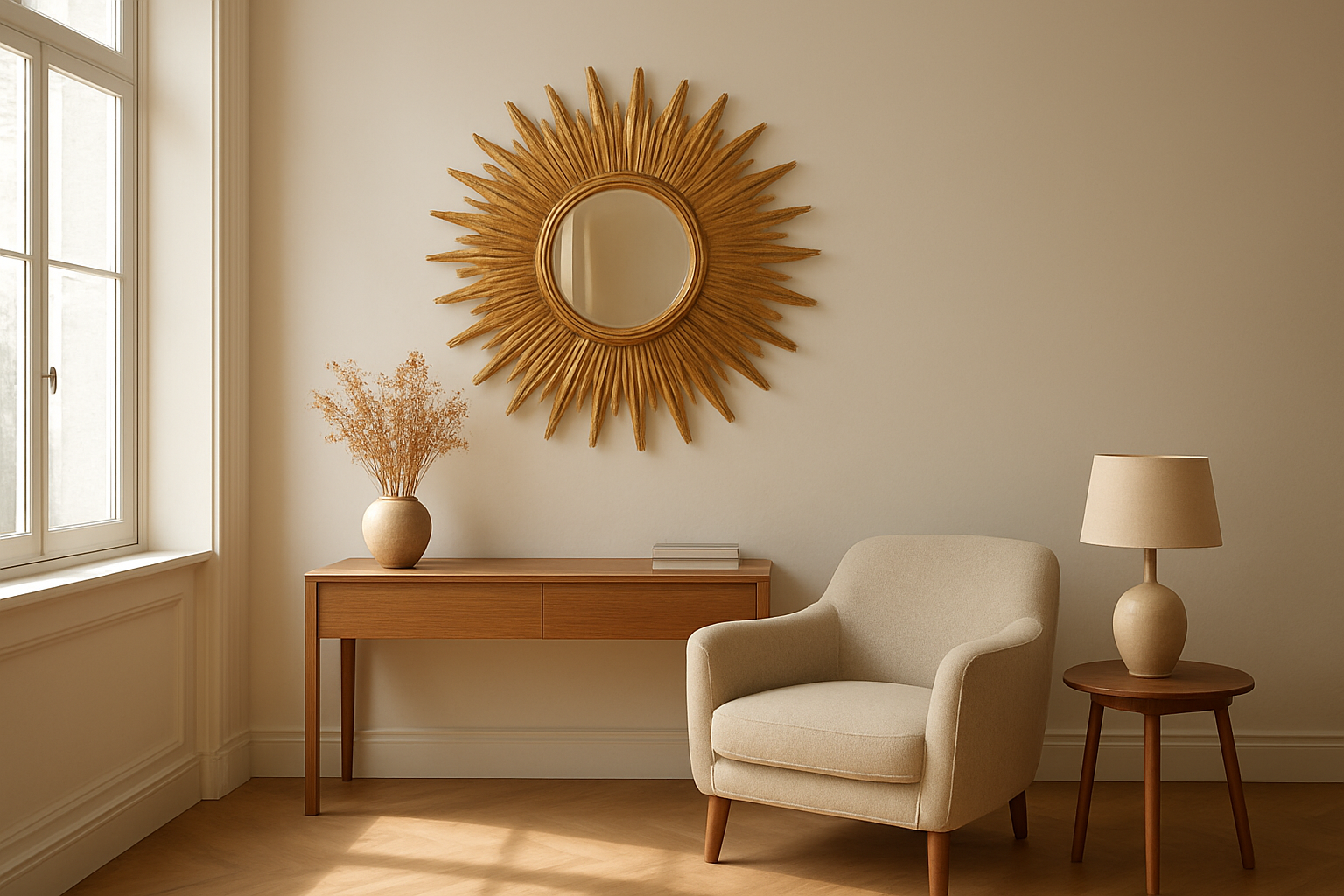 Grand miroir Line Vautrin modèle Soleil en métal doré accroché au-dessus d'une console en bois dans un salon lumineux au style épuré