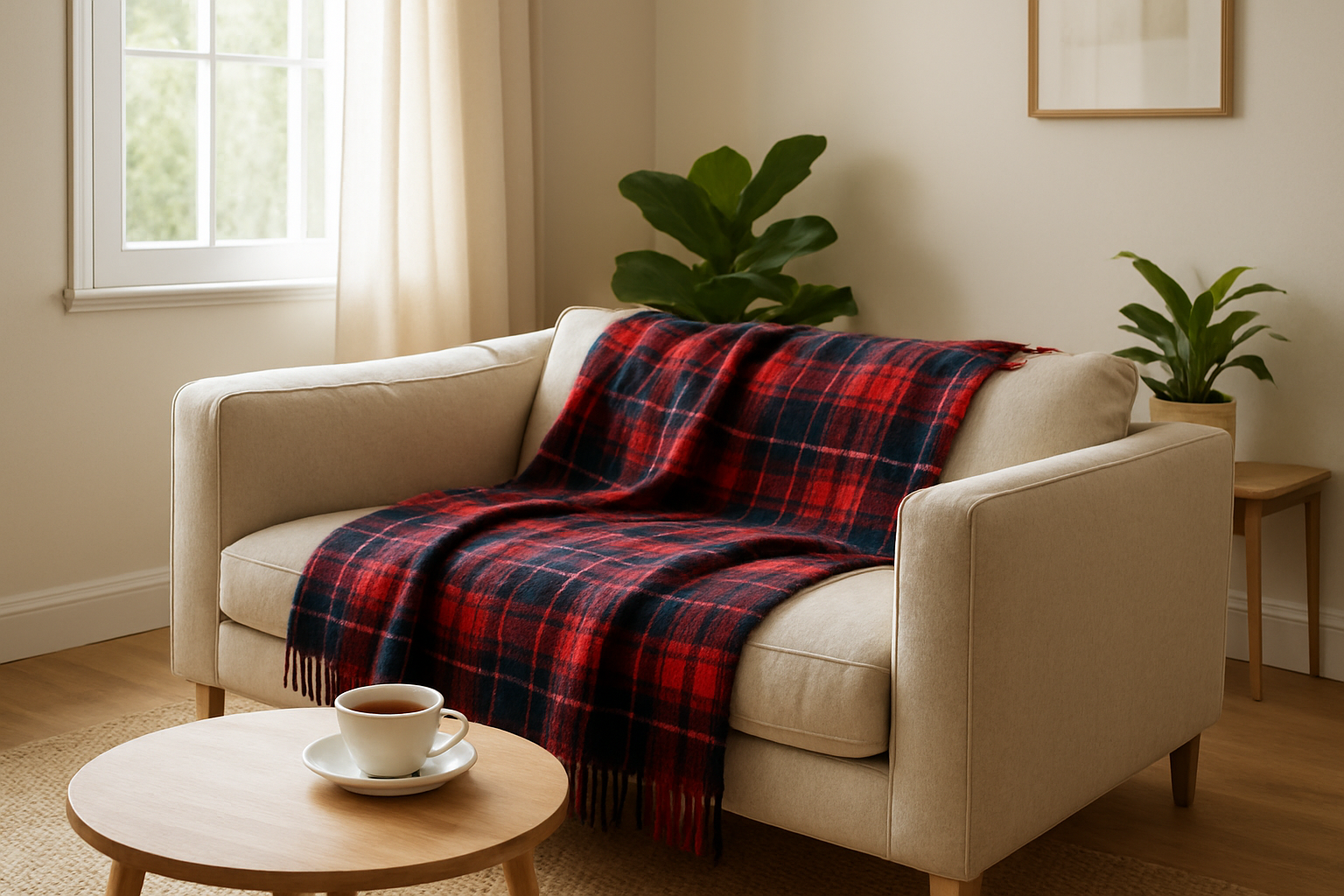 Canapé beige avec un Madura Plaid à carreaux rouges et bleus, table basse en bois clair et tasse de thé, pièce lumineuse avec plantes vertes.