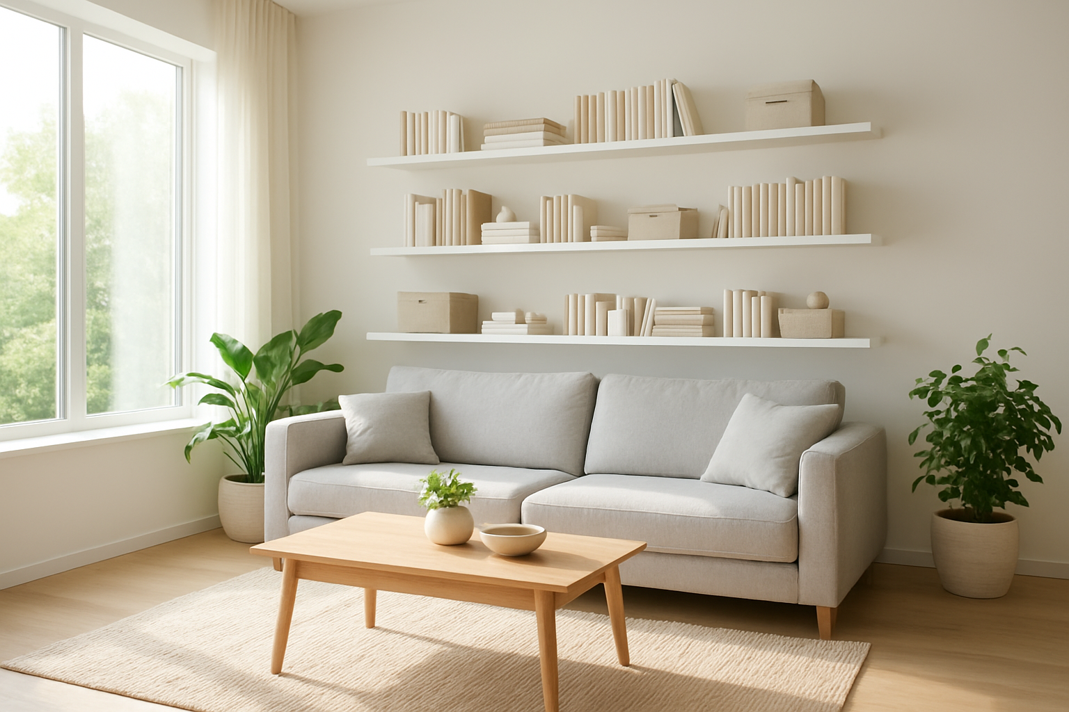 Salon moderne lumineux avec étagères murales organisées, boîtes de rangement en tissu et plantes vertes, illustrant un rangement bataille réussi.