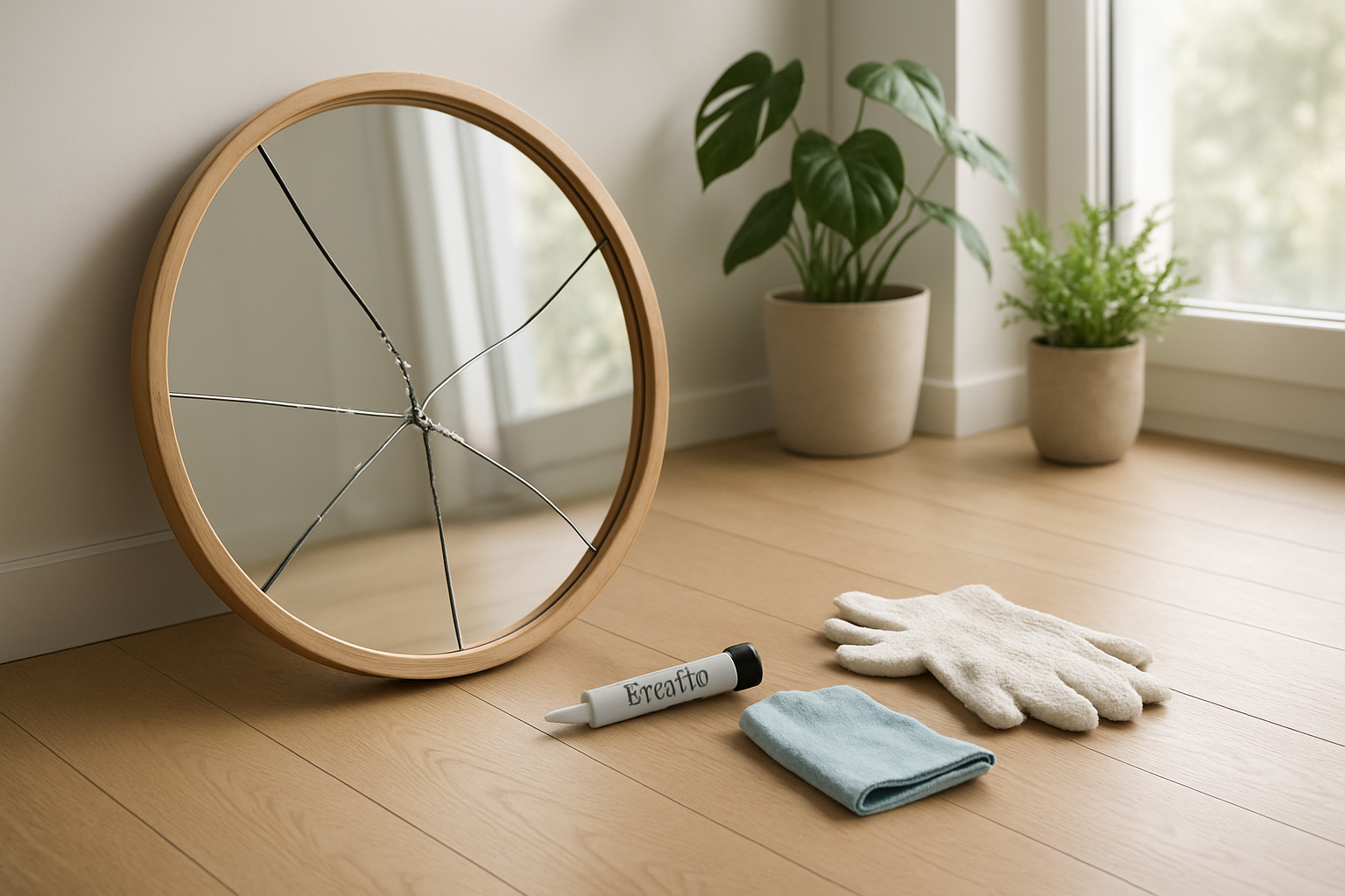 Miroir rond cassé en morceaux sur un parquet clair, avec outils de réparation à côté, dans un intérieur lumineux et végétalisé.
