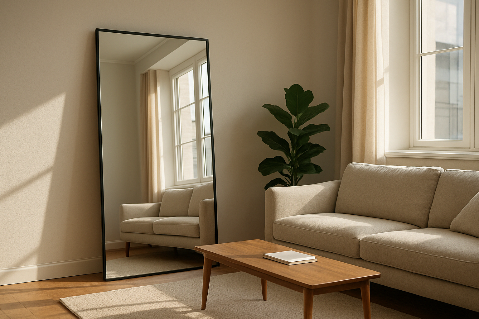 Grand miroir rectangulaire au cadre noir posé contre un mur, reflétant une fenêtre lumineuse dans un salon moderne avec canapé beige et plante verte