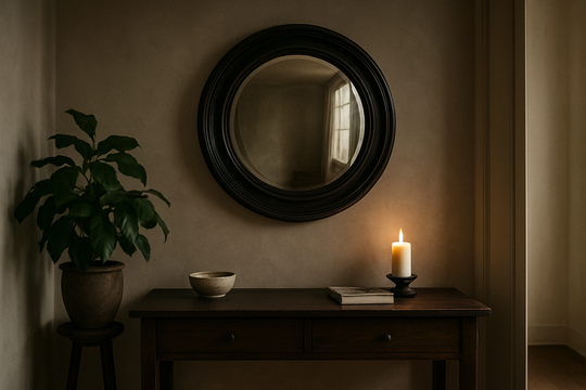 Miroir sorcière en bois noir accroché dans une entrée lumineuse, reflétant une fenêtre et une plante verte sur une console.